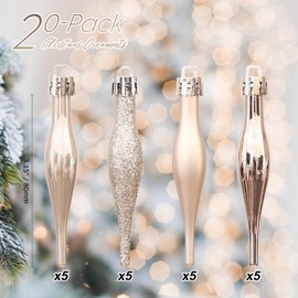 Sea Team 20-Pack Christmas Droplet Ornaments with Strings, 85mm/3.35" Baubles, Shatterproof Plastic Christmas Bulbs, Hanging Decorations for Xmas Tree, Holiday, Wedding, Party, Champagne
