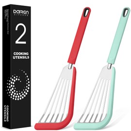 Silicone Fish Spatula Turner Set of 2, Thin Slotted Spatulas Turner for Nonstick Cookware,Heat Resistant Flexible Stainless Steel Kitchen Cooking Spatula Flipper for Fish, Egg, Pancake (RGN)