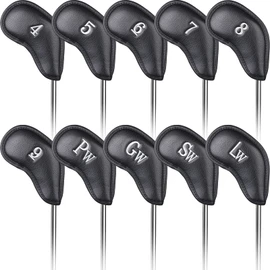 Golf Iron Cover, Magnet, 10 pcs(4-9,PW,GW,SW,LW) Wedge Cover, Club Head Cover Set, Synthetic Leather, Black, Silver Number, Left and Right