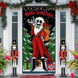 Deroro Merry Christmas Jack Skellington Door Cover Decorations, Xmas Tree Front Door Banner Background, Funny Holiday Gifts Indoor Outdoor Home Decor 3 x 6 FT