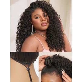 LUVME HAIR Half Wig Kinky Curly Flexi-Fit Invisi 3 in 1 Wigs Flip Drawstring Wig 200% Density Glueless Wigs 100% Human Hair Natural Black Ready to Go Headband Wig for Women 18 Inches