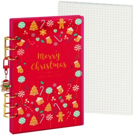 Koqye Festive A5 6-Ring Binder with Christmas Design, Acrylic Cover, Lay Flat Design, Gold Metal Round Ring, 90 Dot Grid Pages, Keychain, Perfect Holiday Gift (Festive Red)