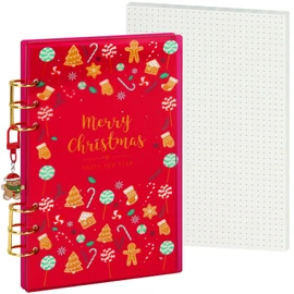 Koqye Festive A5 6-Ring Binder with Christmas Design, Acrylic Cover, Lay Flat Design, Gold Metal Round Ring, 90 Dot Grid Pages, Keychain, Perfect Holiday Gift (Festive Red)