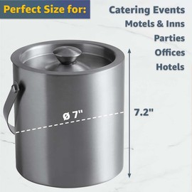 Double Wall Stainless Steel 2 Qt. Ice Bucket with Lid and Tong - Brushed Finish, Insulated Design, Leak-Resistant, with Handle - Ideal for Bars, Restaurants, Home Parties & Catering Events