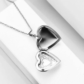 KunBead Women's Silver Heart Photo Locket Necklace with Picture inside Love Heart Shaped Jewelry Memory Pendant Necklace