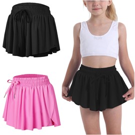 Flowy Butterfly Shorts for Girls 2-in-1 Athletic Running Skirt Shorts Cheer Tennis Dance Preppy with Spandex Liner(Black,Rose red,M)