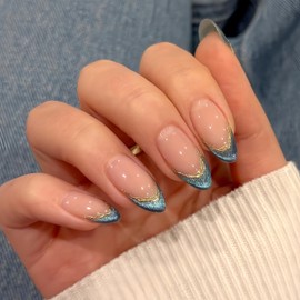 SXVME Glitter Cateye Blue French Tip Medium Almond, Soft Gel Press on Nails with 3D Gold Lines Design, Sparkle Acrylic Fake Nails Press ons, Natural Nude Stick on Nail for Women Daily Wear 24 Pcs