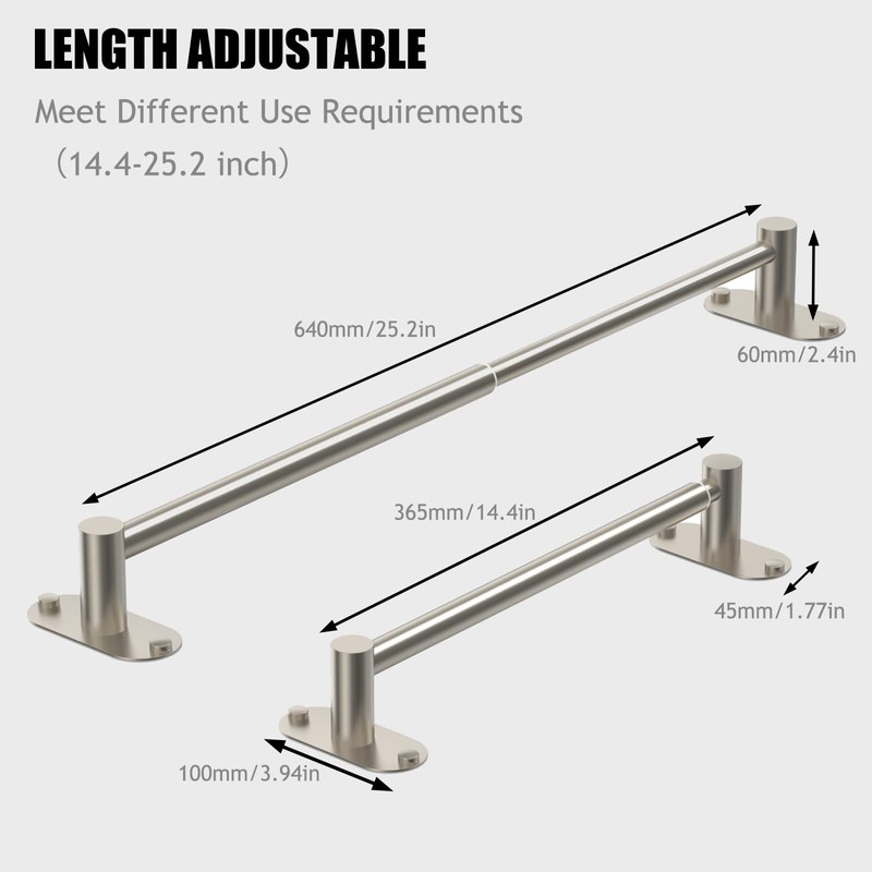 Towel Bar, Adjustable 14.4inch - 25.2inch Towel Rack, Self Adhesive