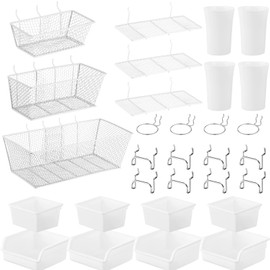Sieral 30 Pcs Pegboard Organizer Accessories Kit Includes Peg Board Shelving Storage Basket Organizer Bins Hooks Loops Cup with Cup Holder for Garage Room Wall Attachments Tools(White, Silver)