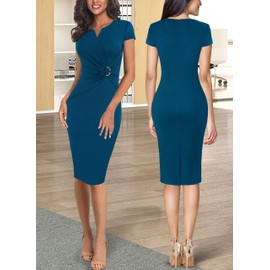 VFSHOW Womens Summer Work Business Dresses Notch Neck Ruched Waist Office Slimming Bodycon Sheath Pencil Dress (Peacock Blue, X-Large) 11751 BLU XL