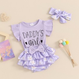ZZLBUF Newborn Baby Girls Clothes Summer Daddys Girl Outfit Ruffle Romper Floral Shorts Headband 3Pcs Father's Day Outfits (01- Purple, 0-3 Months)