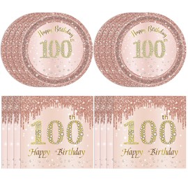 Juhap 100th Birthday Decorations, Rose Gold Birthday Party Supplies Include 20Pcs Plates 20Pcs Napkins Sweet One Hundred Year Old Birth Party Tableware for Girl Ladies Women