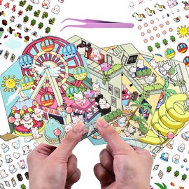 4 Sets DIY 3D Fun Mini House Scenes Stickers with Tweezer Make Your Own Beach Surfing Amusement Park Shopping Stickers Scenes Cute Animal Theme Craft Micro Stickers for Relief Stress Pass The Time