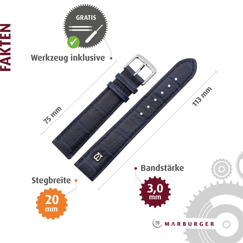 MARBURGER Watch Strap 20 mm Leather Alligator Embossing with Stitching