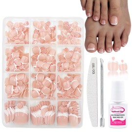 French False Toenails - 240 Pcs Suqare Press On Toes Nails - White French Tip Nude Pink Fake Toe Nails Kit - Glossy Acrylic french ToesNails - Full Cover Stick On Toenails For Women Girls