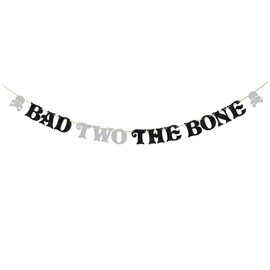 ShuanQ Bad Two the Bone Banner - Rock 2nd Birthday Anniversary Party Decoration - Rock N Roll Skull Bone 2nd Birthday Bunting Supplies