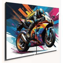 The Plum Penguin Motorcycle Essence Abstract Wooden Wall Art – Dual A4 MDF Panels – Vibrant Home Decor Canvas Alternative 40 x 30cm