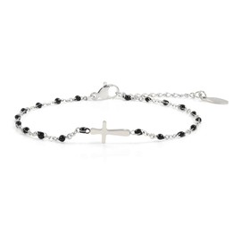 UILZ Dainty Black Beads Cross Bracelet for Women Silver Minimalist Bead Cross Bracelet Christian Bracelet Gifts Religious Cross Jewelry for Religious Believers