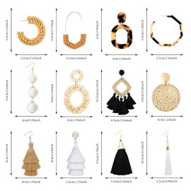 9 Pairs Rattan Earrings for Women Lightweight Acrylic Geometric Statement Woven Earrings Handmade Straw Wicker Braid Hoop Drop Dangle Earrings