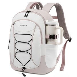 LOVEVOOK Laptop Backpack for Women with Pouch Pocket for Large Capacity Cup,15.6 Inch Work Computer Laptop Bag College Teacher Backpack Purse,Lightweight Travel Hiking Overnight Bag,White-Beige Grey