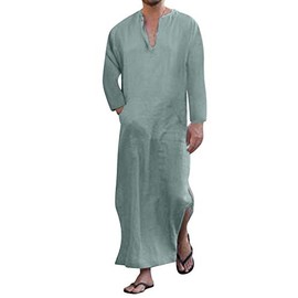 Jacansi Men's V-neck Short Sleeve Robe Side Split Kaftan Cotton Long Gown Thobe S-3XL, Green #1, XX-Large
