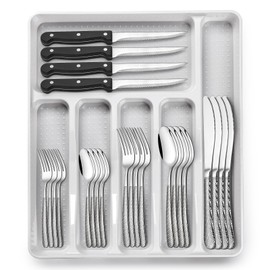 49-Piece Hammered Silverware Set with Organizer, Heavy Duty Stainless Steel Flatware for 8, Cutlery Utensil Sets with Steak Knives, Rust-proof, Mirror Polished, Dishwasher Safe
