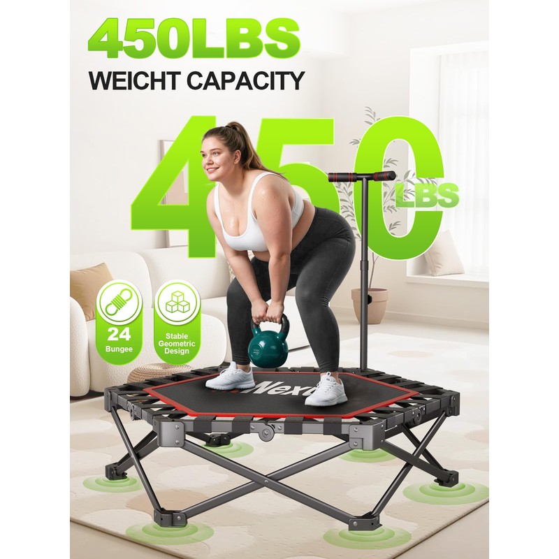 FitNexus 42" Foldable Mini Trampoline- 450lb Capacity Fitness Rebounder w/3-Level