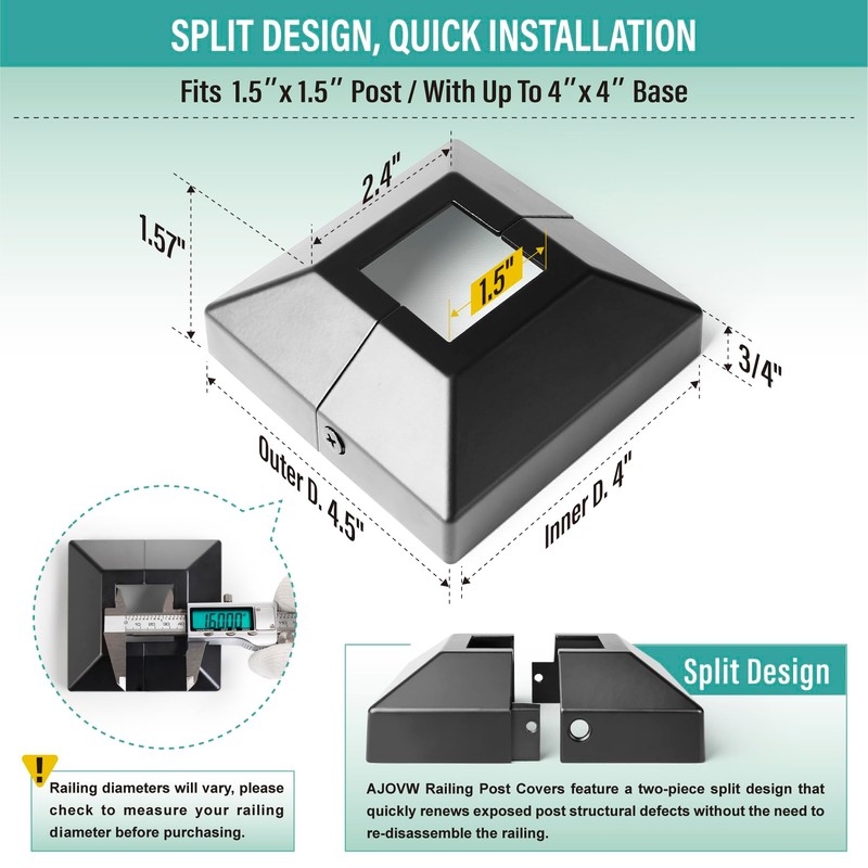 AJOVW 8Pcs 1.5" (1.5" Post/4" Base) Aluminum Post Base Cover,
