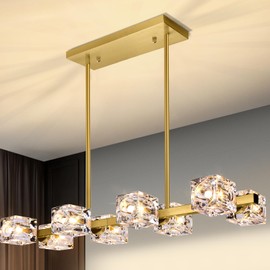 Modern Crystal Chandeliers for Dining Room, 8-Light Gold Rectangular Dining Room Light Fixture, Adjustable Farmhouse Pendant Light with K9 Crystal Cube Shade for Kitchen Island, Living Room, Bedroom