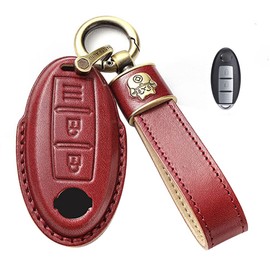 LETINGFAR Key Case for Nissan, Smart Key Case, Key Cover, Genuine Leather, Designed for Nissan 3 Buttons, Keychain, Cube, Elgrand, Skyline, Deana, X-Trail, etc, red