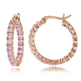 Rose Gold Flash Sterling Silver Pink Cubic Zirconia 3mm Round Hoop Earrings, 20mm