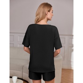 Ekouaer Pajamas Sets for Women 2 Piece Summer Lounge Set Ribbed Knit Pj Shorts Comfy Short Sleeve Sleepwear with Pockets Black Small