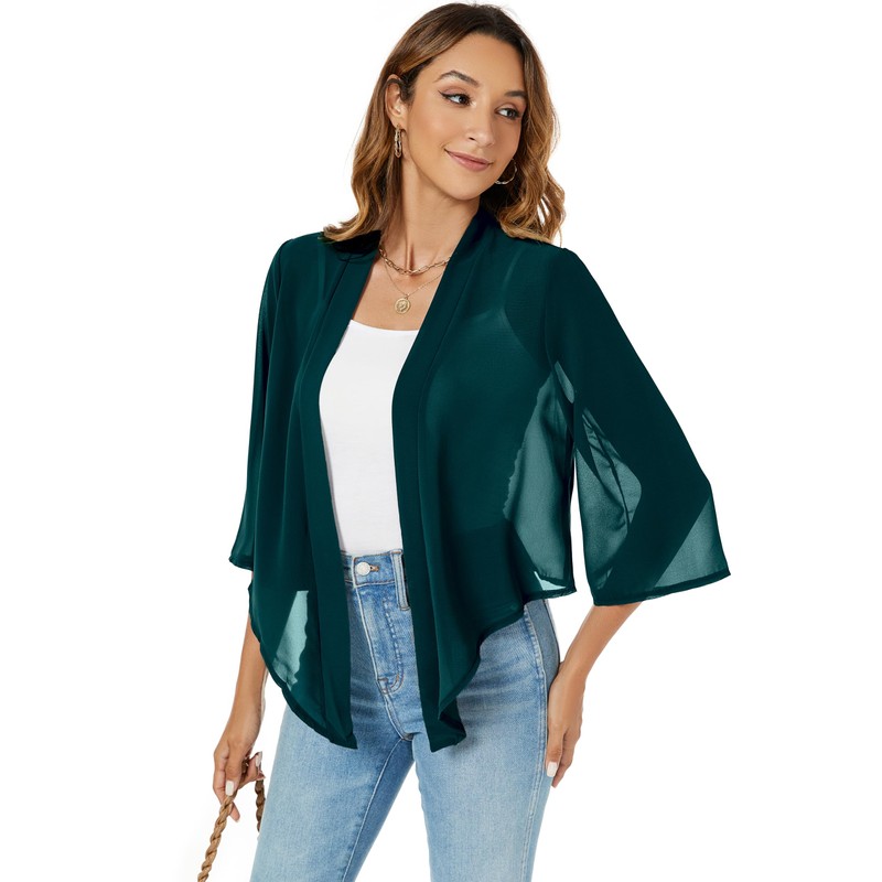 Famrrifuu Women's Bolero Chiffon Shoulder Jacket 3/4 Sleeve Elegant Short