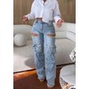 Lucuna Womens High Waisted Cargo Jeans Y2K Cut Out Rhinestone