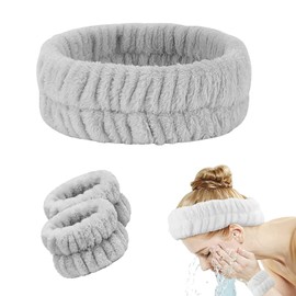 3Pieces Spa Headband Wrist Washbands - Microfiber Head Band Skincare Headbands Makeup Headband and Wristband Set for Washing Face, Facial Wrist Towel Washbands for Women Girls (Gray)