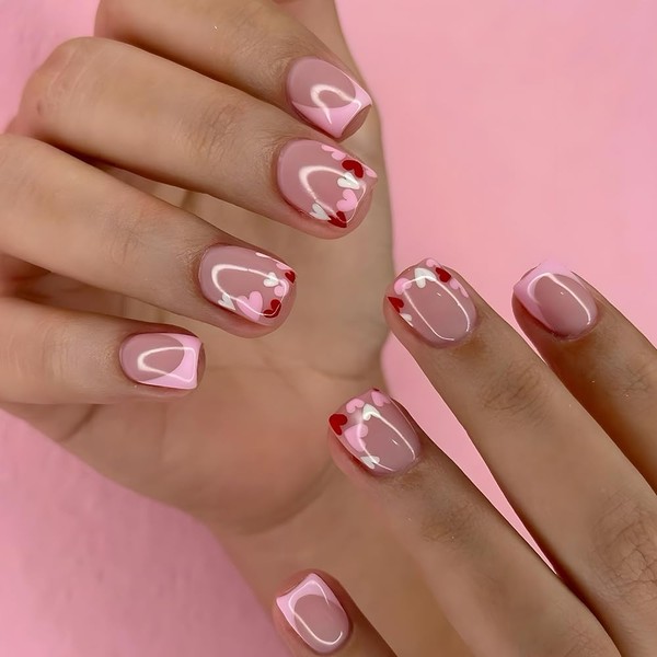 24 Pcs Heart Press on Nails Short Square Fake Nails
