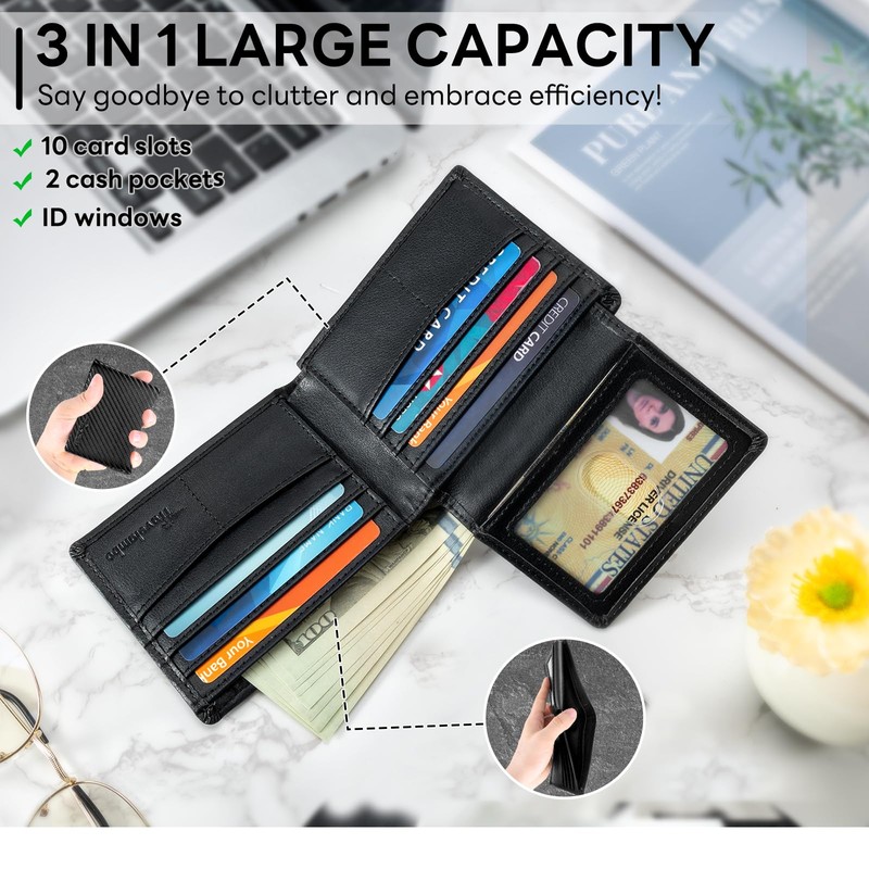Travelambo Black Wallet for Men, Premium Classic Leather RFID Blocking