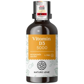 NATURE LOVE® Vitamin D3 1000 (50 ml Liquid), Laboratory-Tested 5000 IU per Drop, in MCT Oil from Coconut, Vitamin D, High Dose, Highly Bioavailable, Very High Stability, Produced in Germany