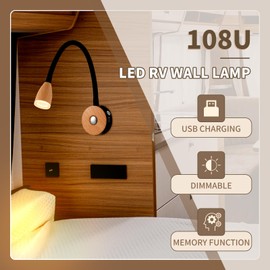 DreamAug 12v Reading Light,RV Dimmable Readin,rv Lighting with USB Charger, Wood Grain Color,12 Volt Flexible Gooseneck Wall Lamp(2Pack, 3000K-3200K)