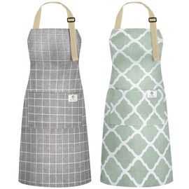NLUS - 2 paquetes de delantales de cocina, delantal con babero ajustable e impermeable para chef con 2 bolsillos para hombres y mujeres (plaid verde/p