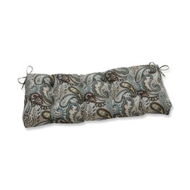 Pillow Perfect Paisley Indoor/Outdoor Sofa Setee Bench Swing Cushion with Ties, Tufted, Weather, and Fade Resistant, 18" x 48", Blue/Brown Tamara Quartz,