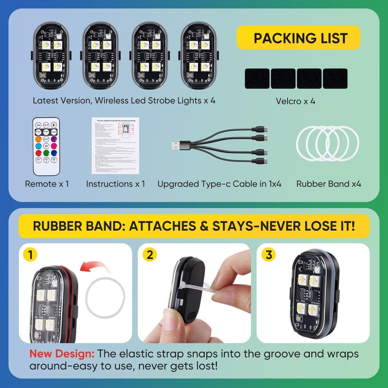 4PCS Wireless LED Lights with Remote Control, Upgraded 4LEDs 8