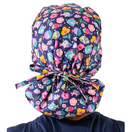 Sparkling EARTH Big Hair Ponytail Classic Surgical Style Scrub Working Cap - Made in The USA! (1, Fabulous Fishies on Navy Blue)