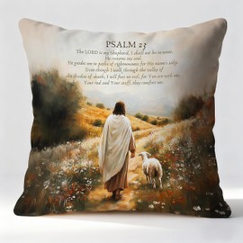 Fyecoluo Jesus and Lamb Christian Pillow Covers 18x18, Christian Room Decor, Psalm 23 The Lord is My Shepherd Bible Verse Decorative Throw Pillow Covers for Home Church Prayer Room