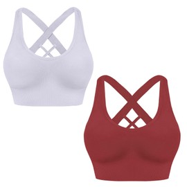 HANERDUN Women's Mittle Support Sports Bra Crossback Push Up Yoga Bra Seamless Without Underwire with Removable Padded for Fitness Running Jogging, 2 Pieces (White + Red)