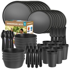 Plastic Dinnerware Sets – 40-Piece Plates and Bowls Sets with Cups, Knives, Forks and Spoons, Dishes Set for 8, Reusable Unbreakable Kitchen Dishware for Apartment, Camping, Outdoor, Black
