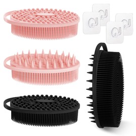 GEENOA Soft Silicone Body Scrubber Set, 4PCS Dual-Side Silicone Loofah for Gentle Exfoliating and Scalp Massaging, Hygienic Shower Scrubber Shampoo Brush for Kids, Women, Sensitive Skin(Black/Pink)