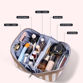 BOYATU Travel Makeup Bag for Women: Large Cosmetic Bag Set of 3 - PU Leather Make up Bag with Compartments - Compact Waterproof Toiletry Bag with Divider & Handle (B-5-Brown)