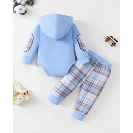 Renotemy Newborn Baby Boy Clothes Fall Winter Hoodie Outfits Long Sleeve Blue Plaid Flannel Hooded Bodysuit Coming Home Outfit Baby Boy Newborn Essentials Infant Shower Gifts for Boys 3-6 Months