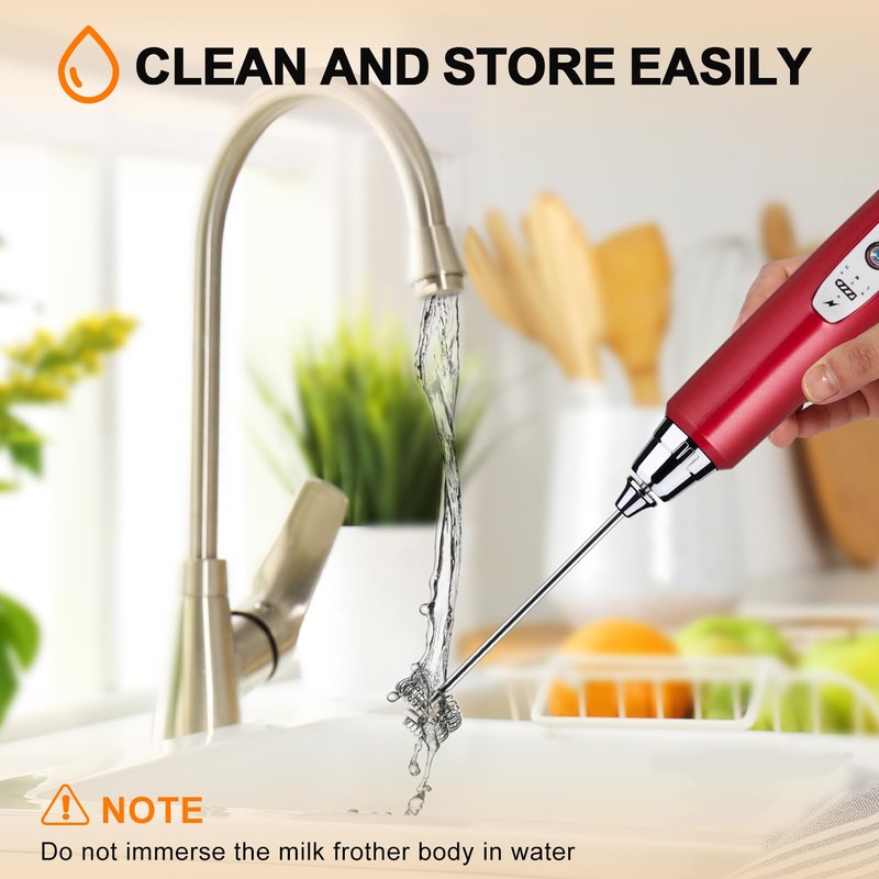 YUSWKO Red Rechargeable Milk Frother for Coffee with Stand, Handheld